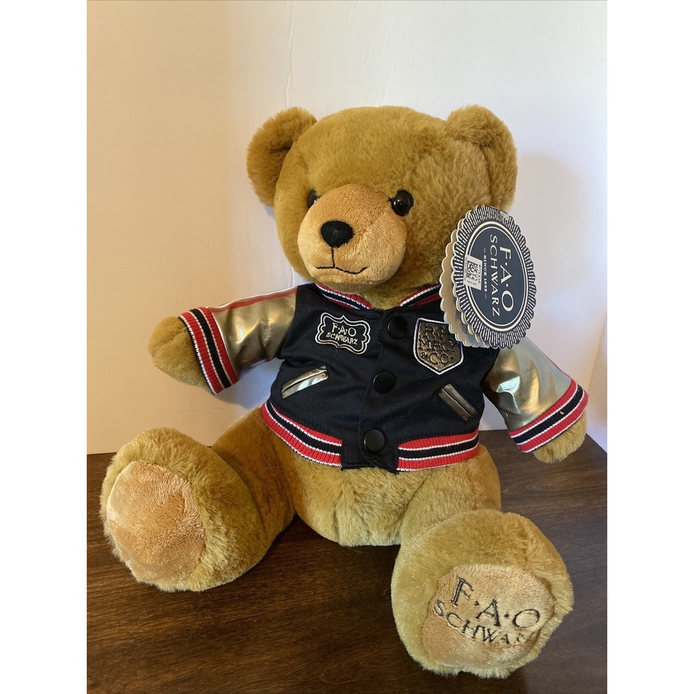 FAO Schwarz Brown Teddy Bear‎ Plush Black Letterman Jacket Stuffed Animal NEW